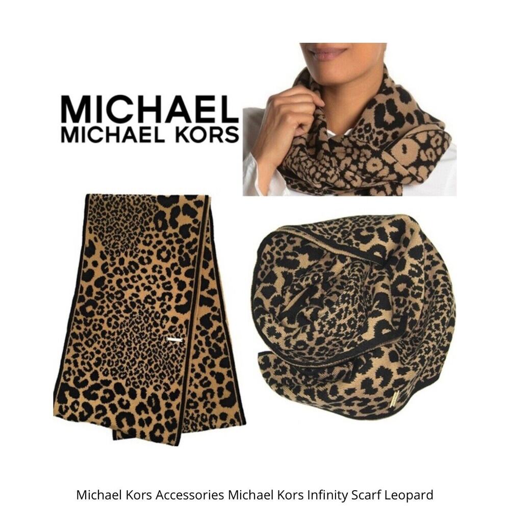 Michael Kors Womens Animal Print Knit Scarf OS‎ Infinity Loop Black Tan Winter